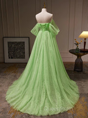 Off The Shoulder Green Tulle Long Evening Prom Dresses, Off Shoulder Green Long Formal Graduation Dresses