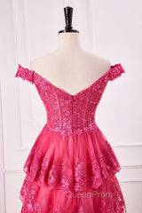 Off The Shoulder Hot Pink Sequin Tiered Evening Prom Dresses With Slit