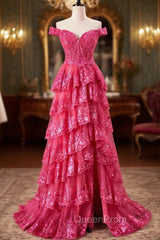 Off The Shoulder Hot Pink Sequin Tiered Evening Prom Dresses With Slit