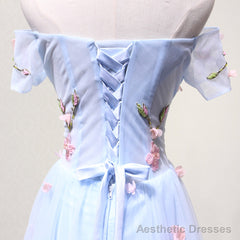 Off the Shoulder Light Blue Floral Long Prom Dresses, Off Shoulder Light Blue Formal Evening Dresses