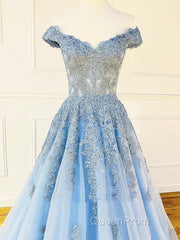 Off the Shoulder Light Blue Lace Evening Prom Dresses, Off the Shoulder Blue Lace Formal Evening Dresses