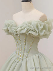 Off the Shoulder Light Sage Long Prom Dresses, Off Shoulder Long Sage Formal Evening Gowns