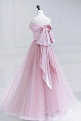 Off the Shoulder Pink Evening Prom Dresses, Pink Tulle Formal Evening Dresses