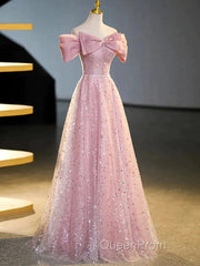 Off The Shoulder Pink Sequin Sparkle Evening Prom Dresses