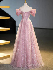 Off The Shoulder Pink Sequin Sparkle Evening Prom Dresses