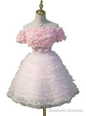 Off The Shoulder Pink Short Sleeve Ruffle Homecoming Dresses