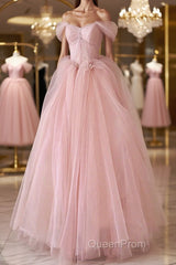 Off the Shoulder Pink Tulle Evening Prom Dresses, Pink Tulle Long Formal Graduation Dresses