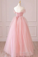 Off the Shoulder Pink Tulle Evening Prom Dresses, Pink Tulle Long Formal Graduation Dresses