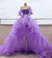 Off the Shoulder Purple High Low Prom Dresses, High Low Purple Formal Graduation Dresses