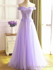 Off the Shoulder Purple Lace Prom Dresses, Purple Off Shoulder Lace Formal Bridesmaid Dresses