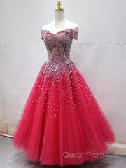 Off the Shoulder Red Long Evening Prom Gown, Off the Shoulder Red Beaded Formal Evening Dresses