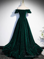 Off the Shoulder Shiny Green Black Long Prom Dresses, Green Black Long Formal Evening Dresses