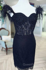 Off the Shoulder Short Black Lace Evening Prom Dresses, Short Black Lace Formal Homecoming Dresses