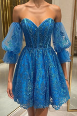 Off the Shoulder Short Blue Lace Evening Prom Dresses, Short Blue Lace Formal Homecoming Dresses
