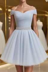 Off the Shoulder Short Gray Evening Prom Dresses with Coset Back, Short Beaded Gray Graduation Homecoming Dresses