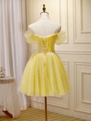 Off the Shoulder Short Yellow Prom Dresses, Off Shoulder Short Yellow Formal Graduation Dresses