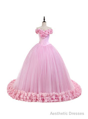 Off the Shoulder Sweet 16 Dress Pink 3D Flowers Tulle Quinceanera Dresses