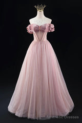 Off the Shoulder Sweetheart Beaded Tulle Long Prom Dress, A-Line Pink Evening Dress