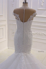 Off the Shoulder Sweetheart White Lace Appliques Tulle Mermaid Wedding Dresses