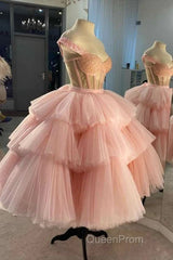 Off The Shoulder Tiered Pink Homecoming Dresses