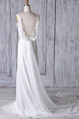 Off-The-Shoulder V Neck Backless Sheath Lace Chiffon Long Beach Wedding Dresses