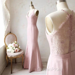 Off-The-Shoulder V Neck Mermaid Dusty Pink Floor Length Lace Bridesmaid Dresses
