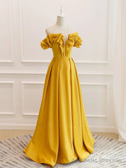 Off the Shoulder Yellow Burgundy Long Prom Dresses, Yellow Wine Red Long Satin Formal Dresses