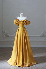 Off the Shoulder Yellow Satin Long Evening Prom Dresses, Off Shoulder Yellow Long Formal Evening Dresses