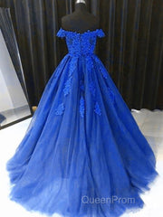 Off the Shouler Royal Blue Lace Evening Prom Dresses, Off Shoulder Blue Lace Formal Evening Dresses