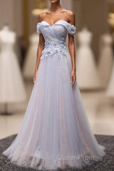 Light Blue Tulle Lace Long Evening Prom Dresses, Lace Evening Dresses