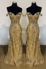 Fuchsia Off-Shoulder Sequined Floral Mermaid Long Evening Prom Dresses with Slit