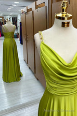 Olive Green Cowl Neck Chain Strap A-Line Long Prom Dress