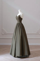 Olive Green Spaghetti Strap Satin Long Evening Prom Dresses, A-Line V Neck Party Dresses