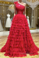 One Shoulder A-Line Tulle Burgundy Long Evening Prom Dresses, Burgundy Graduation Dresses