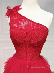 One Shoulder A-Line Tulle Burgundy Long Evening Prom Dresses, Burgundy Graduation Dresses