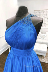 One Shoulder Backless Blue Chiffon Long Evening Prom Dresses, Beaded Blue Long Formal Evening Dresses