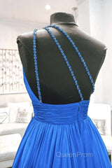 One Shoulder Backless Blue Chiffon Long Evening Prom Dresses, Beaded Blue Long Formal Evening Dresses