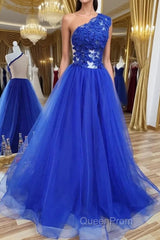 One Shoulder Backless Royal Blue Lace Long Evening Prom Dresses, Royal Blue Lace Formal Dresses, Backless Royal Blue Evening Dresses