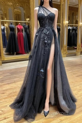 One Shoulder Black Lace Evening Prom Dresses, One Shoulder Black Lace Formal Evening Dresses