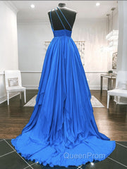 One Shoulder Blue Backless Long Evening Prom Dresses, Open Back Blue Long Formal Evening Dresses