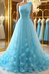 One Shoulder Blue Floral Long Evening Prom Dresses, One Shoulder Blue Formal Dresses, 3D Flowers Blue Evening Dresses