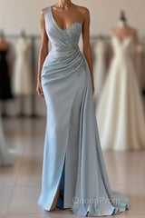 One shoulder blue Evening Prom Dresses in mermaid pleats