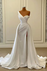 One Shoulder Charmeuse White Wedding Dresses With Beadings Sleeveless Floor Length Elegant