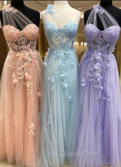 One Shoulder Flowers Lace Evening Prom Dresses Applique Sweetheart With Split