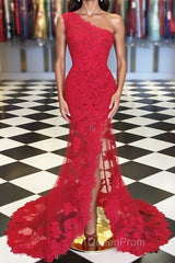 One Shoulder Mermaid Red Lace Long Evening Prom Dresses with High Slit