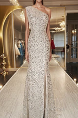 One Shoulder Mermaid Sequins Ivory Long Evening Prom Dresses, Open Back Mermaid Ivory Formal Dresses, Sequins Ivory Evening Dresses