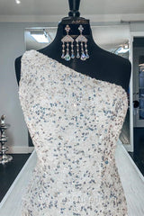 One Shoulder Mermaid Sequins Ivory Long Evening Prom Dresses, Open Back Mermaid Ivory Formal Dresses, Sequins Ivory Evening Dresses