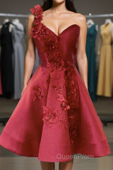 One Shoulder Open Back Burgundy Floral Short Evening Prom Dresses, Wine Red Floral Formal Evening Homecoming Dresses