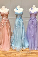 One Shoulder Pink/Blue/Purple Lace Floral Long Evening Prom Dresses