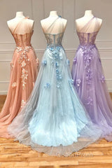 One Shoulder Pink/Blue/Purple Lace Floral Long Evening Prom Dresses